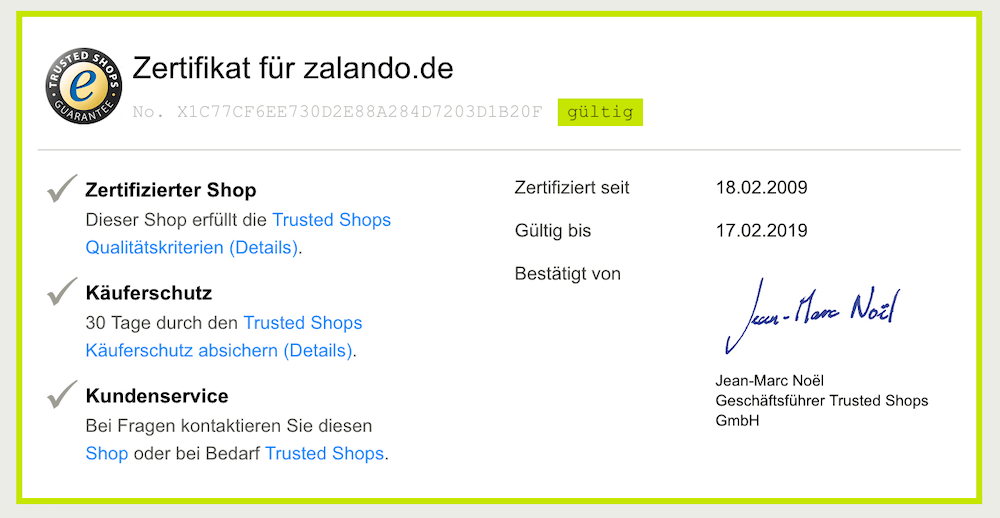 Trusted Shop Zertifikat für Zalando.de